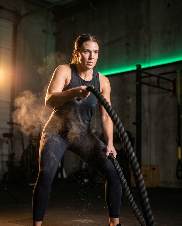 Beispiel-Post Fitness: Athletin beim Battle-Rope-Training