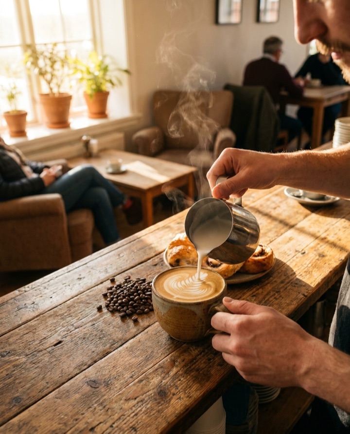 Beispiel-Post Gastronomie: Barista gießt Latte Art