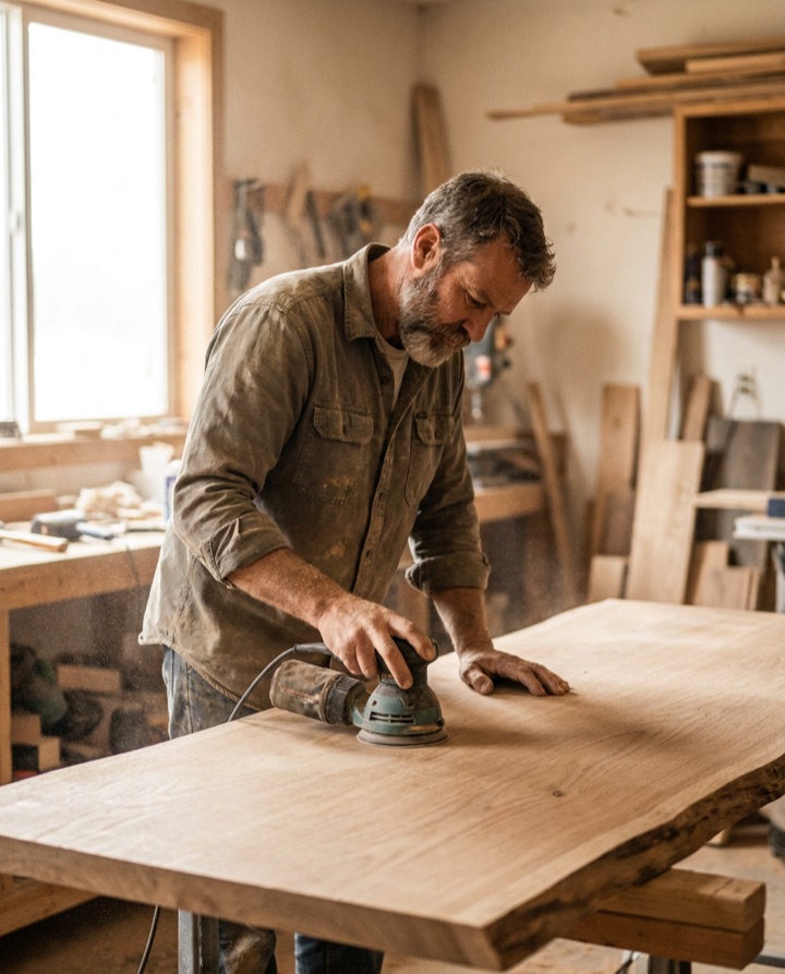 Beispiel-Post Handwerk: Tischler schleift Massivholzplatte